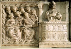 Grabdenkmal von Carlo, Roberto und Riccardo da Saliceto: Studenten, die einem Kurs beiwohnen (Skulptur, ca. 1403) von Jacobello and Pier Paolo dalle Masegne
