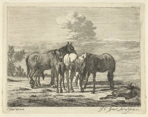 Vier Pferde und zwei Fohlen von Jacobus Cornelis Gaal