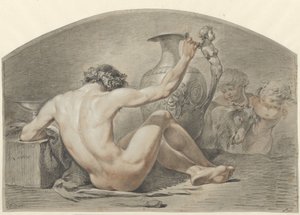 Sitzender männlicher Akt, die Hand am Griff einer Vase
