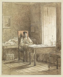 Porträt von Gerrit Lamberts, sitzend in einem Lehnstuhl im Druckkabinett von Jacobus Ludovicus Cornet