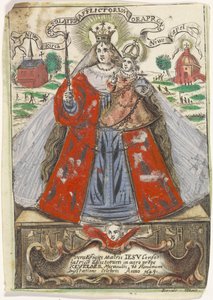 Maria mit Kind und zwei Kirchengebäuden im Hintergrund von Jacobus de Man (I)