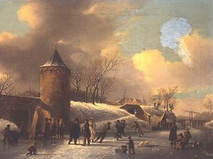 Schlittschuhläufer auf einem zugefrorenen Wasserweg bei einem Turm von Jacobus van der Stok
