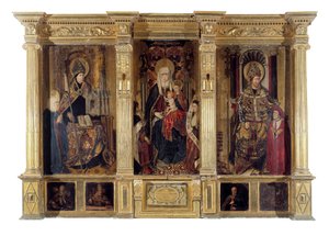 Der Altaraufsatz des Heiligen Ildefonso (gestorben 667, Bischof von Toledo) und des Heiligen Augustinus von Hippo (ca. 354-430, Berberphilosoph und Schriftsteller). Gemälde von Jaume Baco genannt Jacomart (1410-1461). Öl auf Holz, um 1450, Renaissancekunst