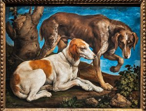 Porträt von zwei Hunden, die an einem Baumstamm angebunden sind von Jacopo (1510 92) Bassano