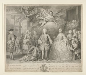 Ferdinand VI. und seine Königin Maria Barbara von Braganza mit Scarlatti und dem berühmten italienischen Kastraten Farinelli von Jacopo (after) Amigoni