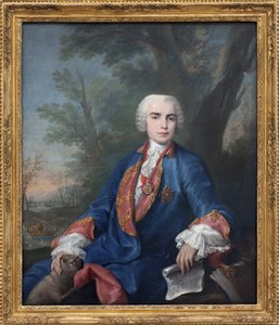 Der Sopran-Kastrat Carlo Broschi, genannt Farinelli (1705-1782). Der Sänger trägt die Medaille des Ordens von Calatrava, auf der Partitur, die er in der Hand hält, einige Takte der Oper Zenobia von Gaetano Latilia. von Jacopo Amigoni