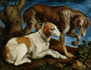 Zwei Jagdhunde an einen Baumstumpf gebunden, ca. 1548-50