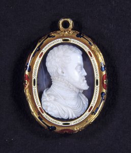 Porträt von König Philipp II. von Spanien (1527-1598). Medaillon in Chalcedon