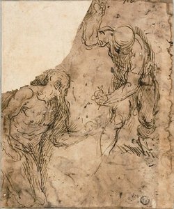 Zwei Skizzen von männlichen Akten, einer kniend, einer stehend (recto); Drei Skizzen: Sitzender männlicher Akt, liegender männlicher Akt, männlicher Kopf im Profil (verso) von Jacopo Palma il Giovane