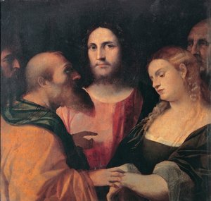 Christus und die Ehebrecherin, 1525-1528 von Jacopo Palma il Vecchio the Elder