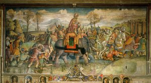 Fresko, das Hannibal bei seiner Ankunft in Italien darstellt. Von Jacopo Ripanda. Spätes 16. Jahrhundert. Palazzo des Conservatori, Rom - Hannibal überquert die Alpen, 218 v. Chr., von Jacopo Ripanda (aktiv um 1500-1516), um 1510, Fresko aus dem Konservato von Jacopo Ripanda