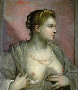 Porträt einer Frau, die ihre Brüste enthüllt, ca. 1570