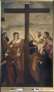 Heilige Helena, Barbara, Andreas, Makarios, ein weiterer Heiliger und ein Gläubiger verehren das Kreuz