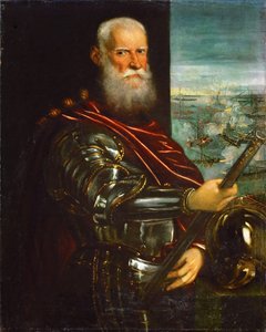 Sebastiano Venier mit der Schlacht von Lepanto im Hintergrund von Jacopo Robusti Tintoretto