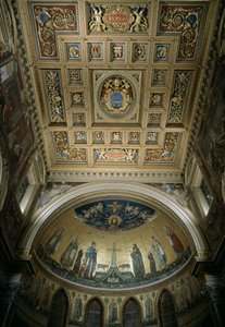 Innenansicht der Apsis der Basilika St. Johannes im Lateran (San Giovanni in Laterano). Mosaik von Jacopo Torriti (aktiv um 1291-14. Jahrhundert) und Jacopo da Camerino (aktiv um 1288-1331), das Jerusalem Celeste darstellt. Rom von Jacopo Torriti