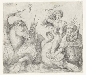 Alte Frau auf dem Rücken eines Tritons neben einem Hippokampus von Jacopo de