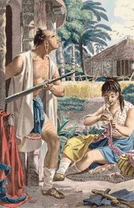 Indianer und seine Frau im Dorf