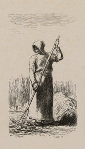 Frau beim Heurechen