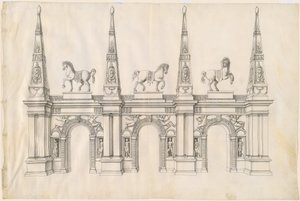 Ein Triumphbogen mit geschmückten Pferden und verzierten Spitzen von Jacques Androuet Ducerceau I