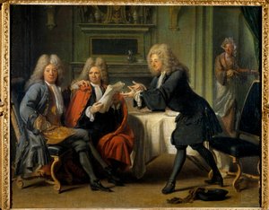 Das Haus von Auteuil, wo Bernard Le Bouyer (Le Bovier) de Fontenelle (1657-1757), französischer Schriftsteller, La Motte, Saurin und Madame de Alexandrine Claudine Guerin, Marquise de Tencin Schokolade bringen