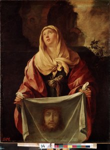 Heilige Veronika. Das heilige Tuch zeigt das Gesicht Christi, dessen Schweiß Veronika während des Aufstiegs nach Golgatha abgewischt haben soll. von Jacques Blanchard