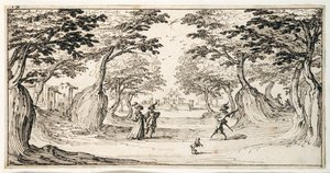 Ein feiner Herr und eine Dame tanzen im Wald zu einer Laute, ein Schloss in der Ferne von Jacques Callot