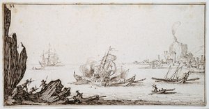 Eine Galeere, die von einem Kriegsschiff in der Mitte gerammt wird, in Sichtweite des Hafens, um 1617