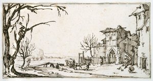 Ein Heuwagen wird zum mittelalterlichen Tor eines Dorfes gebracht, ein Mann schneidet einen Ast ab, aus einem Album von Israel Silvestre, ca. 1630 von Jacques Callot