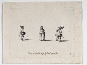 Eine Dame mit verschränkten Armen und zwei Kavaliere (Gravur) von Jacques Callot