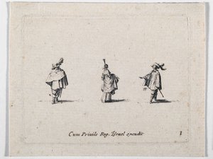 Eine Dame mit hochgezogenem Rock und zwei Kavaliere, aus Les Fantaisies de Noble J. Callot von Jacques Callot