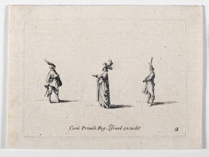 Eine Dame mit Federhut und zwei Kavaliere von Jacques Callot