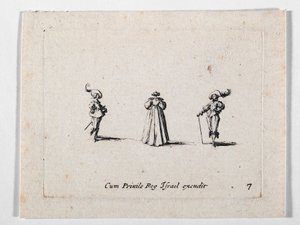 Eine Dame mit reich gefaltetem Kleid, von hinten gesehen, und zwei Kavaliere, aus Les Fantaisies de Noble J. Callot (Gravur) von Jacques Callot