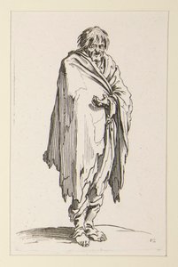 Barhäuptiger Bettler mit unbeschuhten Füßen, aus Die Bettler (Le mendiant à la tête découverte et aux pieds nus) von Jacques Callot