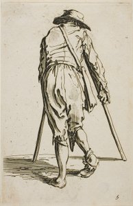 Bettler auf Krücken und mit Hut, von hinten gesehen, Tafel fünf aus Die Bettler