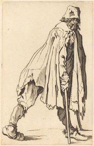 Bettler mit Krücken und Mütze