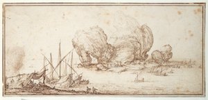 Fantastische Felsen, befestigt. Schifffahrt. Seemännerlager in Sichtweite ihres Schiffes (Le Grand Rocher) von Jacques Callot