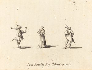 Dame mit Weinflasche und zwei Herren von Jacques Callot