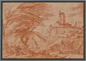 Landschaft, rechts auf einem Hügel ein großer Turm, links eine Baumpartie und einige Figuren von Jacques Callot