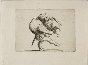 Mann spielt einen Grill wie eine Violine, aus Varie Figure Gobbi von Jacques Callot