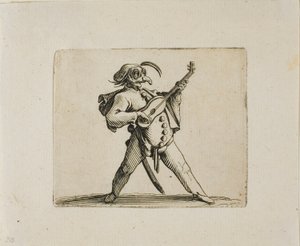 Maskierter Komiker spielt Gitarre, aus Varie Figure Gobbi von Jacques Callot