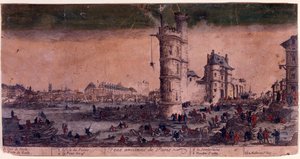 Paris, Île de la Cité, Le Pont Neuf und der Turm von Nesle. Gravur von Jacques Callot
