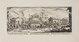 Plünderung und Brand eines Dorfes, Platte sieben aus Die Leiden des Krieges von Jacques Callot