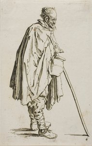 Der Bettler mit einem Fußwärmer, Platte sechs aus Die Bettler von Jacques Callot