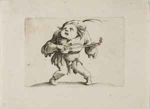 Der wackelige Mann, der Gitarre spielt, aus Varie Figure Gobbi von Jacques Callot