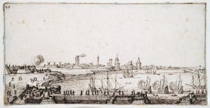 Ansicht des Hafens von La Rochelle mit Salut schießenden Galeonen