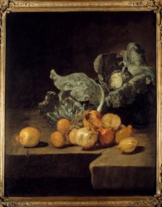Stillleben, Kohl und Zwiebeln. Gemälde von Jacques Charles Oudry (1720-1778)