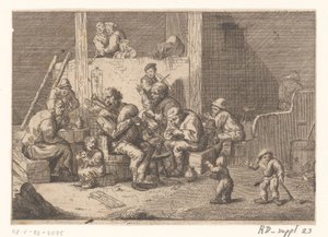 Interieur mit Dudelsack- und Geigenspieler und zwei Sängern