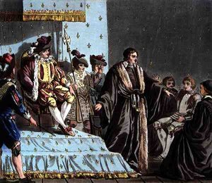 Kanzler Francois Olivier vereitelt die Pläne des Botschafters von Ferdinand I., graviert von Jean Baptiste Morret von Jacques Francois Joseph (after) Swebach