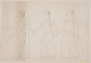 Opferhandlung (?) Drei gehende Figuren in griechischen Gewändern. Vorne ein Mann, der eine Amphore und einen Stab oder eine Fackel trägt, dahinter zwei Frauen