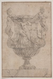 Prydvase mit Pan, Faun und Nymphe. Kopie nach Pl. 14 in der Suite der 1746 von Saly gezeichneten Vasen. "Vasa a se inventa..."